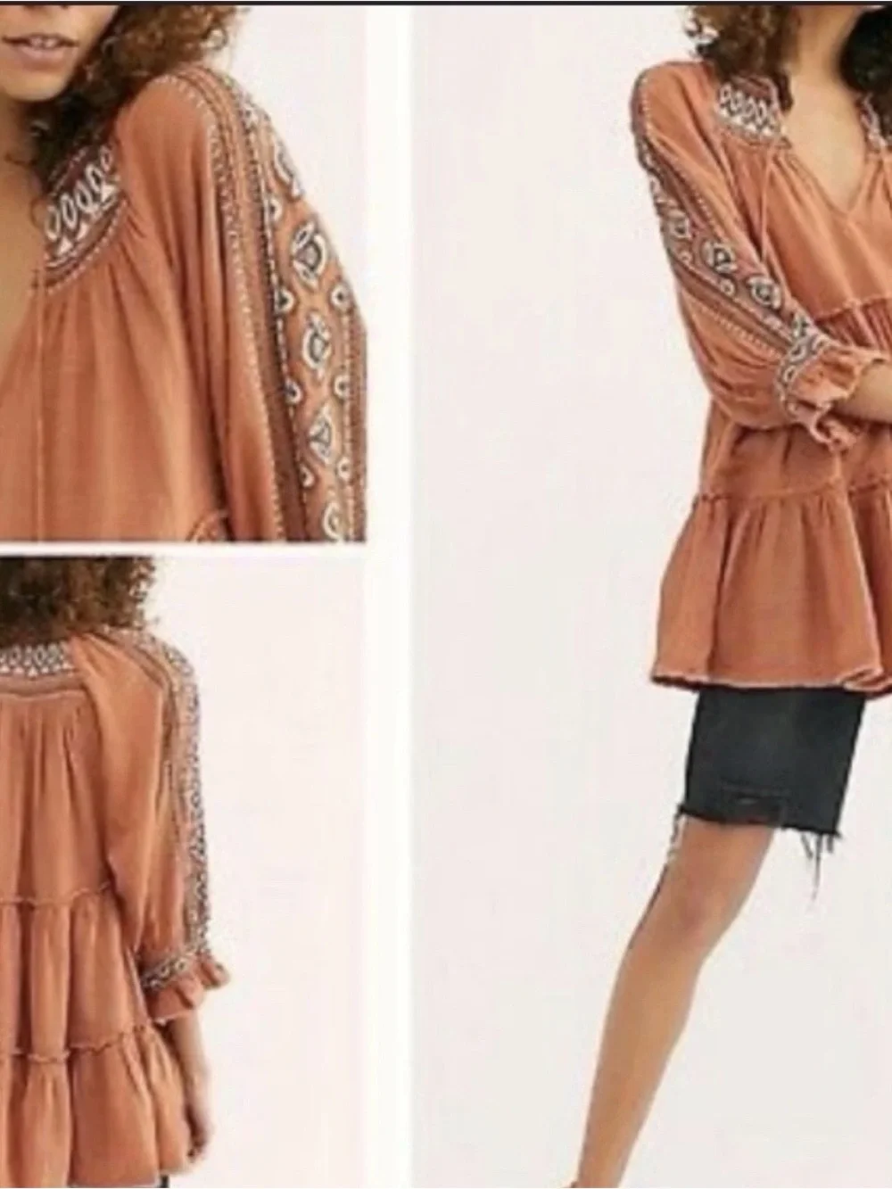 Free People Dreamweaver Embroidered Tunic Cotton Gauze Terracotta Boho Small